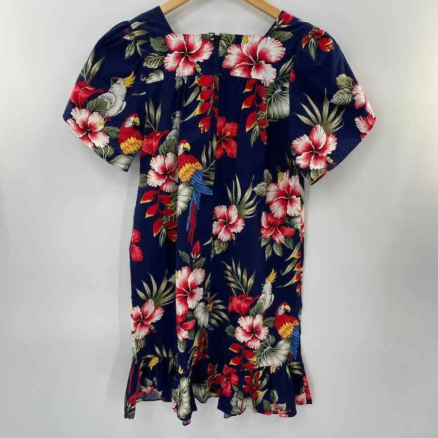 Vintage Blue Hawaii Muumuu Dress Womens Medium Blue Parrot Floral Print Cotton - Image 8