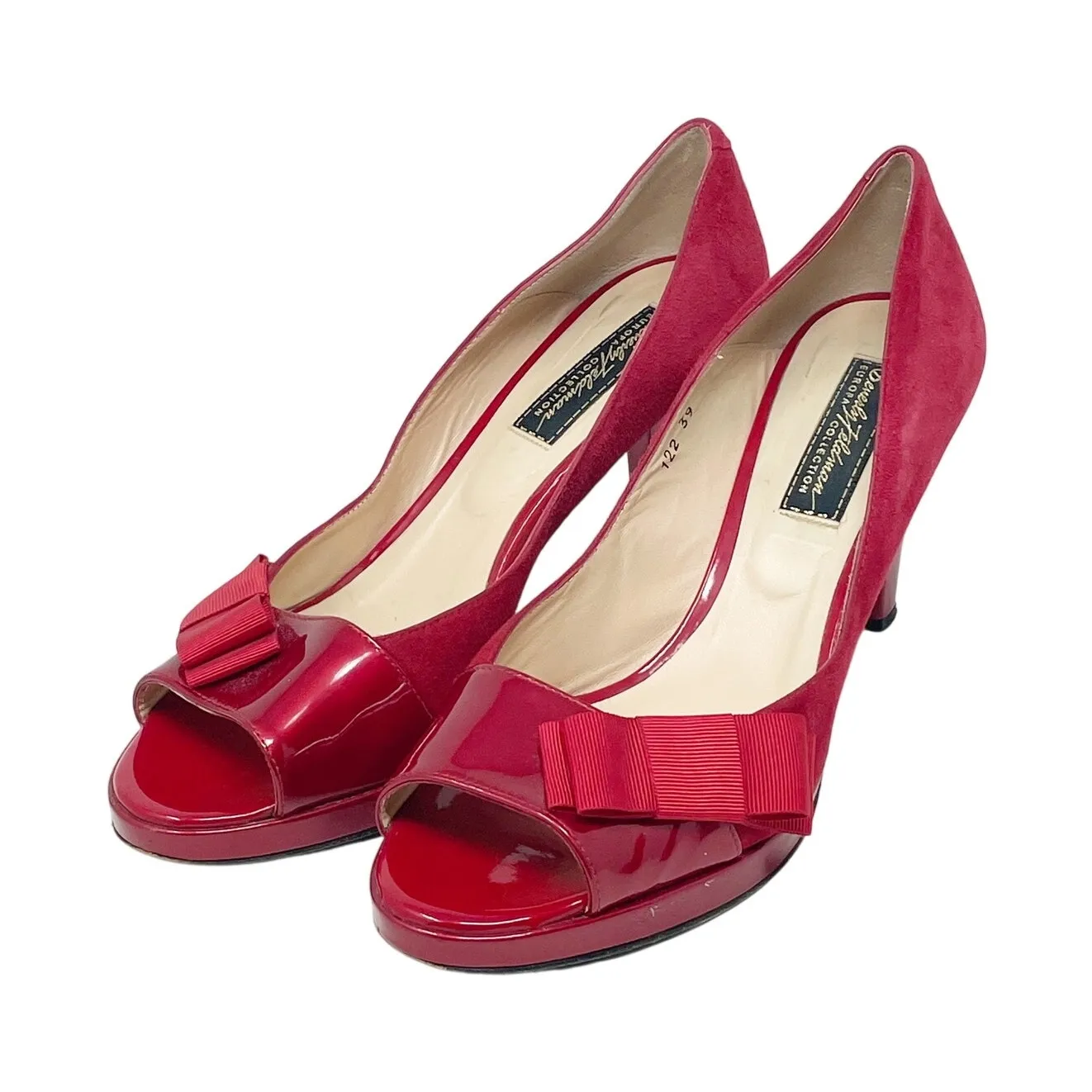 Vintage Beverly Feldman Red Suede Patent Leather Heels Pumps Size 39 Bows Spain - Image 2