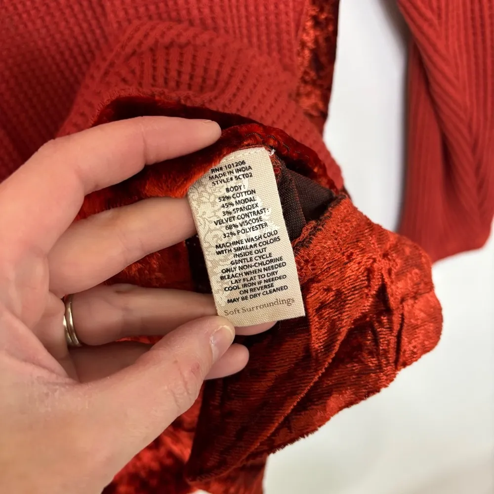 Soft Surroundings Women's Red Orange Velvet Trim Waffle Knit Pull Over Top 2X - Image 4