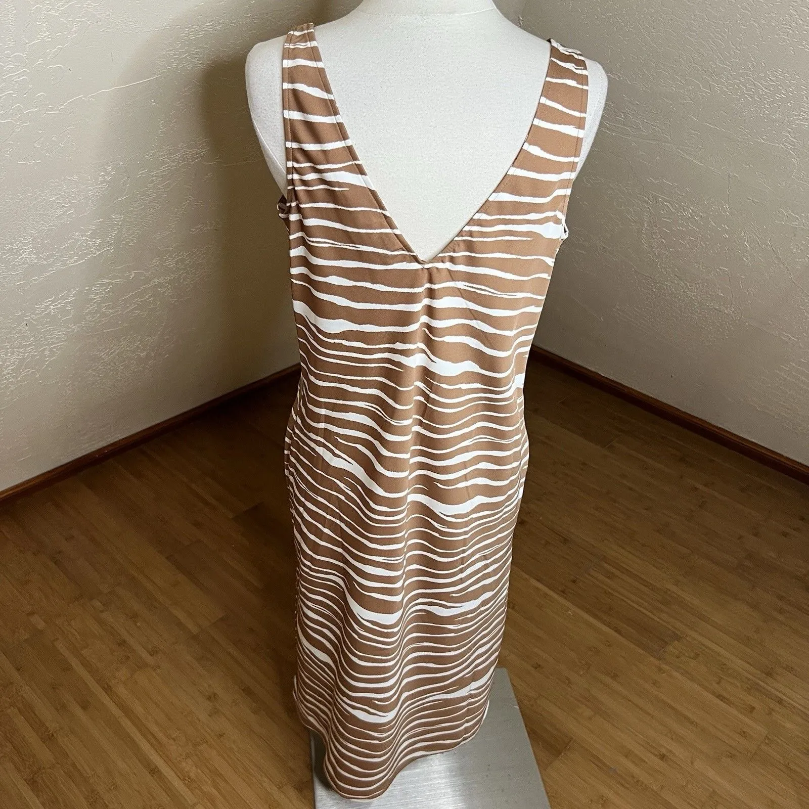 A New Day Midi Dress Size Medium Brown Satin Slip V Neck Zebra Print Side Slits - Image 7