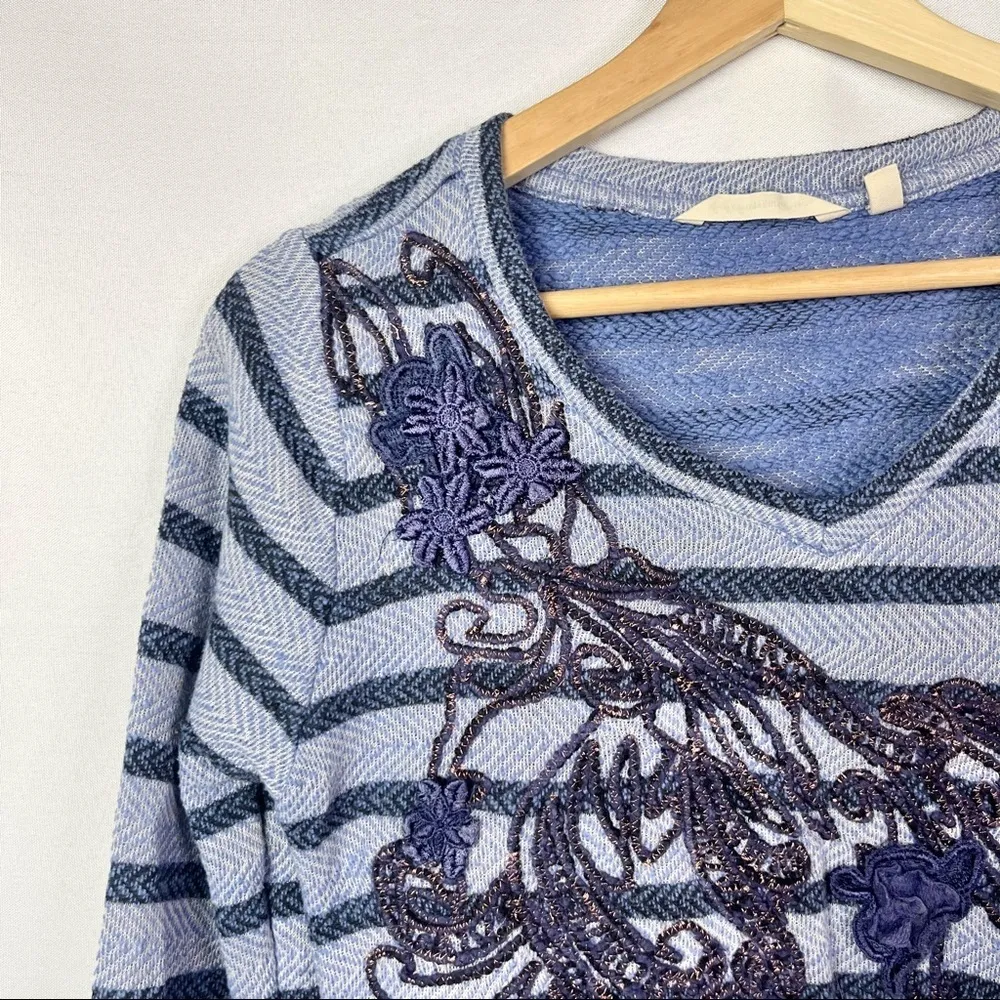 Soft Surroundings Syrah Blue Stripe Floral Long Sleeve Knit Top XS - Image 4