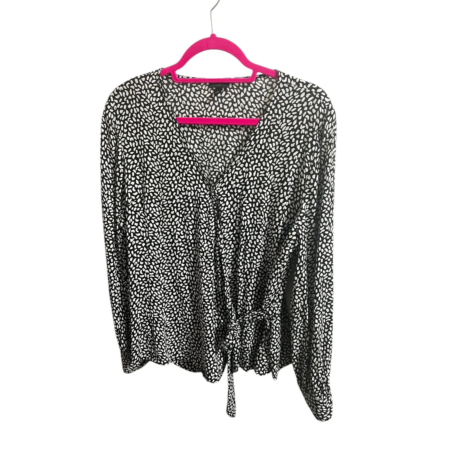 Talbots Women's XL Faux Leopard Print Wrap Blouse Black White Holiday Party Top - Image 2