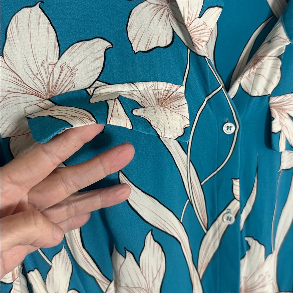 Reiss Tida Shirt Dress Teal Blue Floral Belted Long Sleeve Lunch Brunch Casual - Image 9