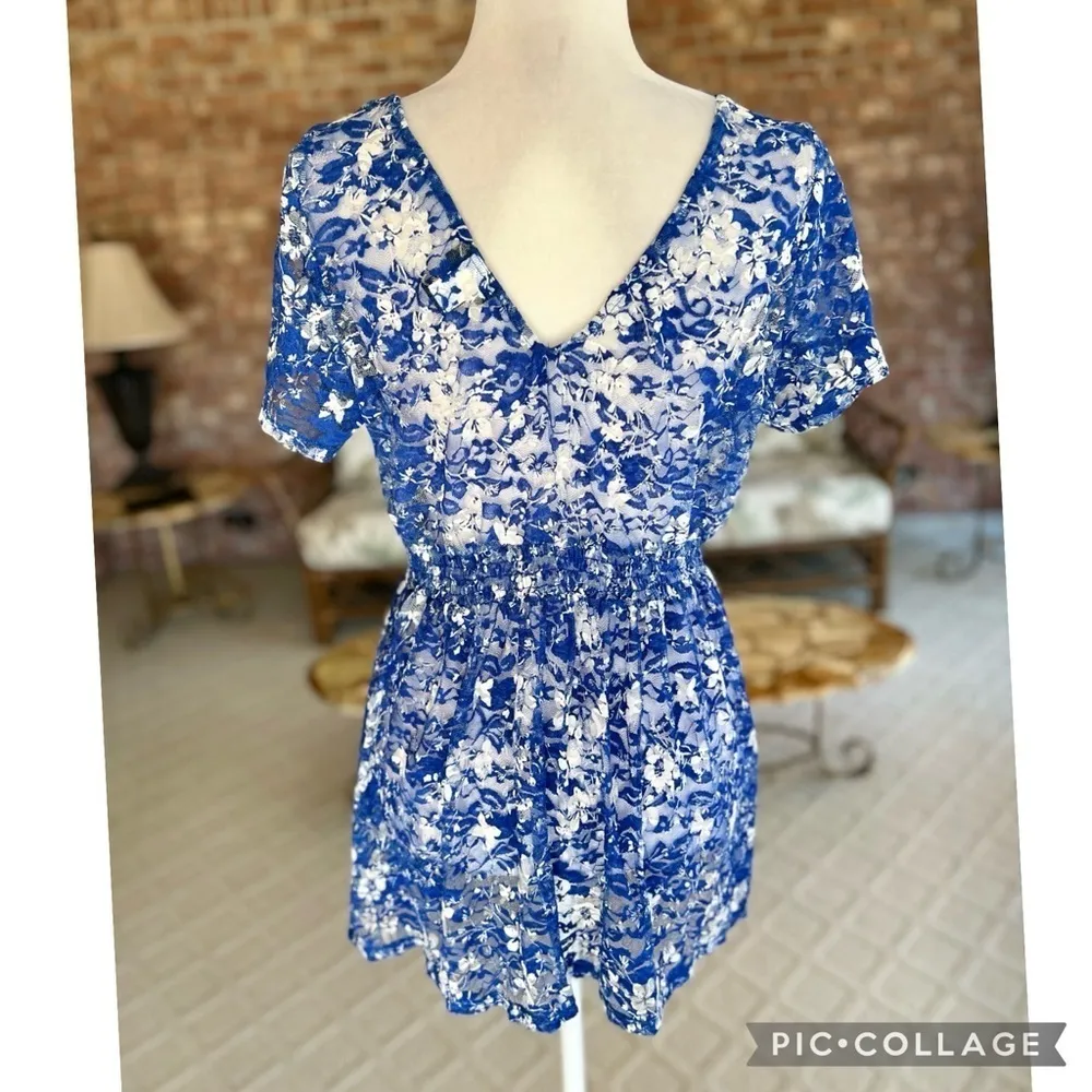 Torrid Top Lace Smocked Floral Embroidered Mesh Blue Short Sleeves Tunic 0X/12 - Image 9