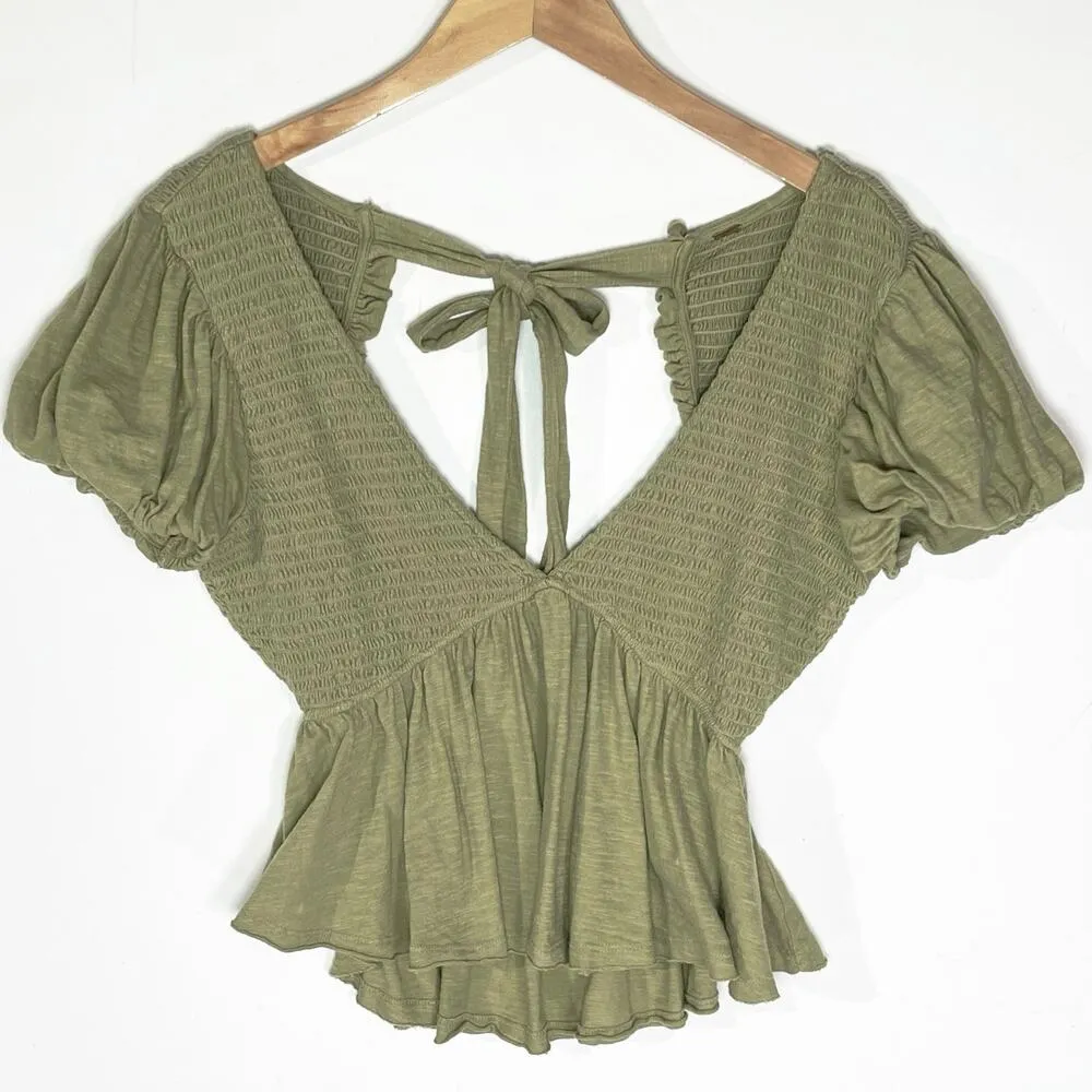 FREE PEOPLE Women’s Charolette Puff Sleeve Peplum Green Knit Top - Image 4