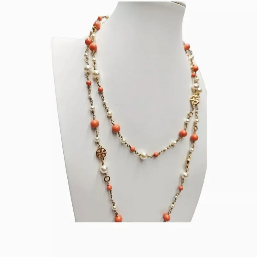 Tory Burch Faux Pearl & Resin Evie Logo good orange Convertible  Necklace $258 - Image 3