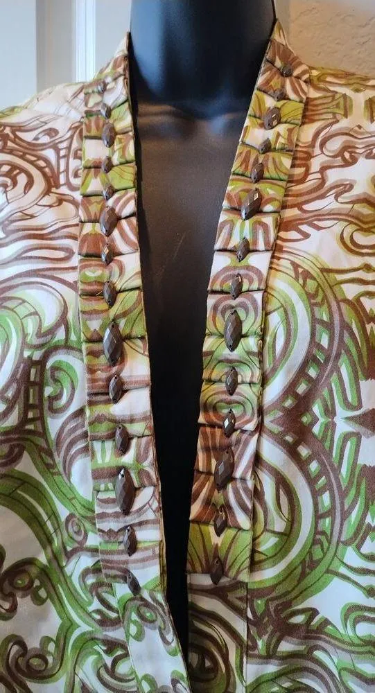 IVY Chic New York Open Front Jacket Women’s Sz M Green/Beige Swirl Pattern Boho Green Size M - Image 2