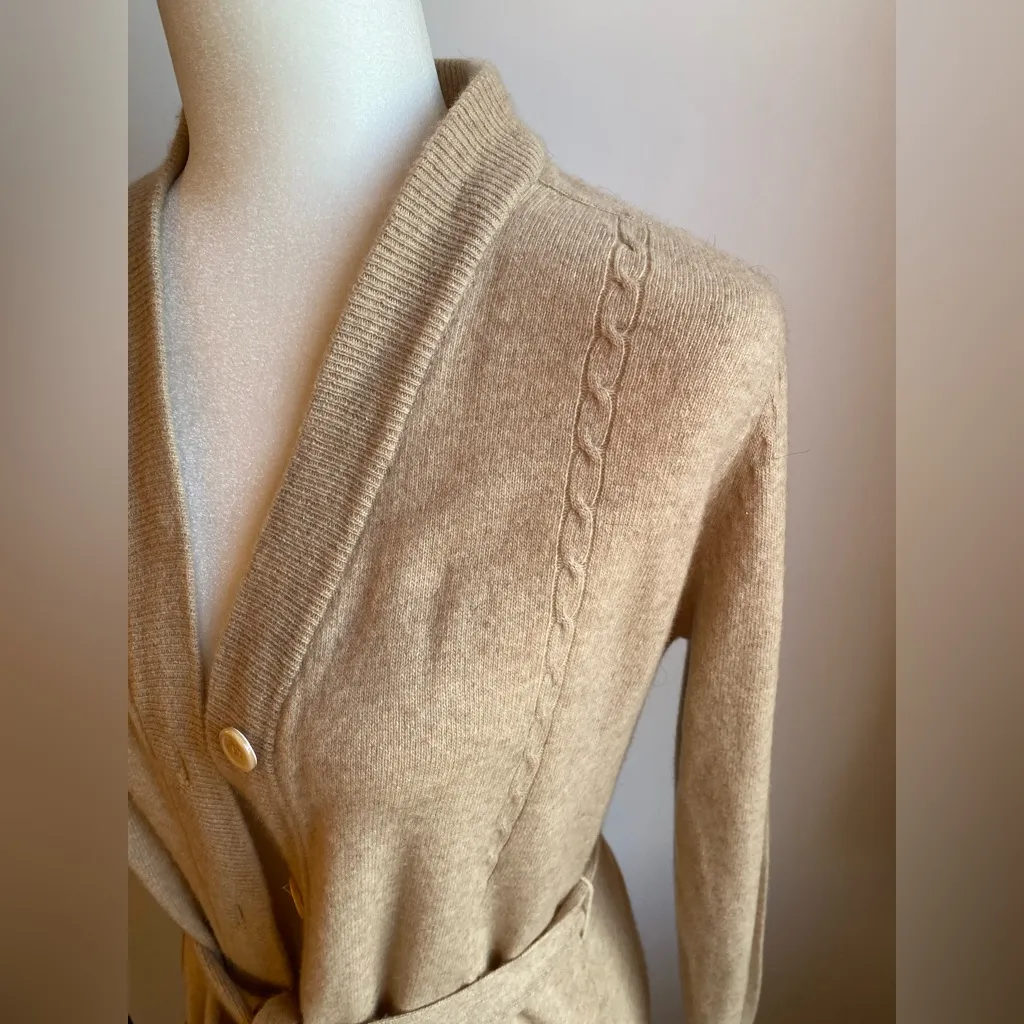 VTG 70s Goldworm 100% Cashmere Full Button Belted Robe Dress Camel Cable Knit Tan Size M - Image 4