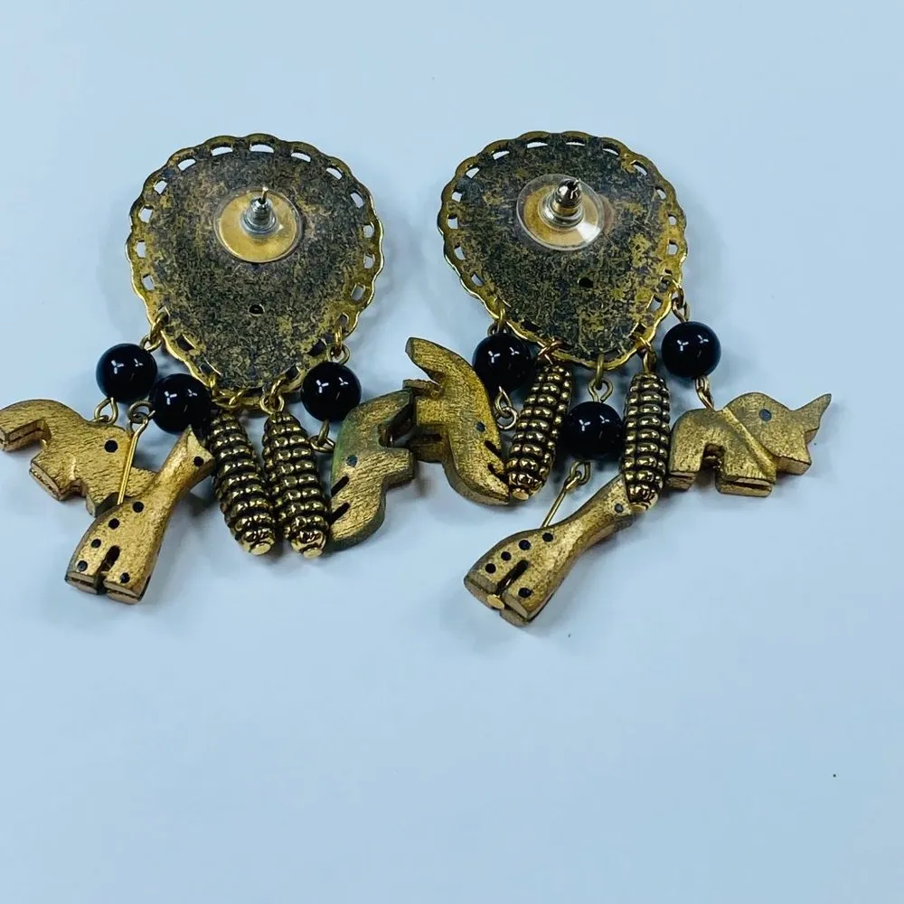 Pierced Earrings Gold Brass Color Zuni Animal Dangle Tribal Boho Ethnic Accents - Image 3