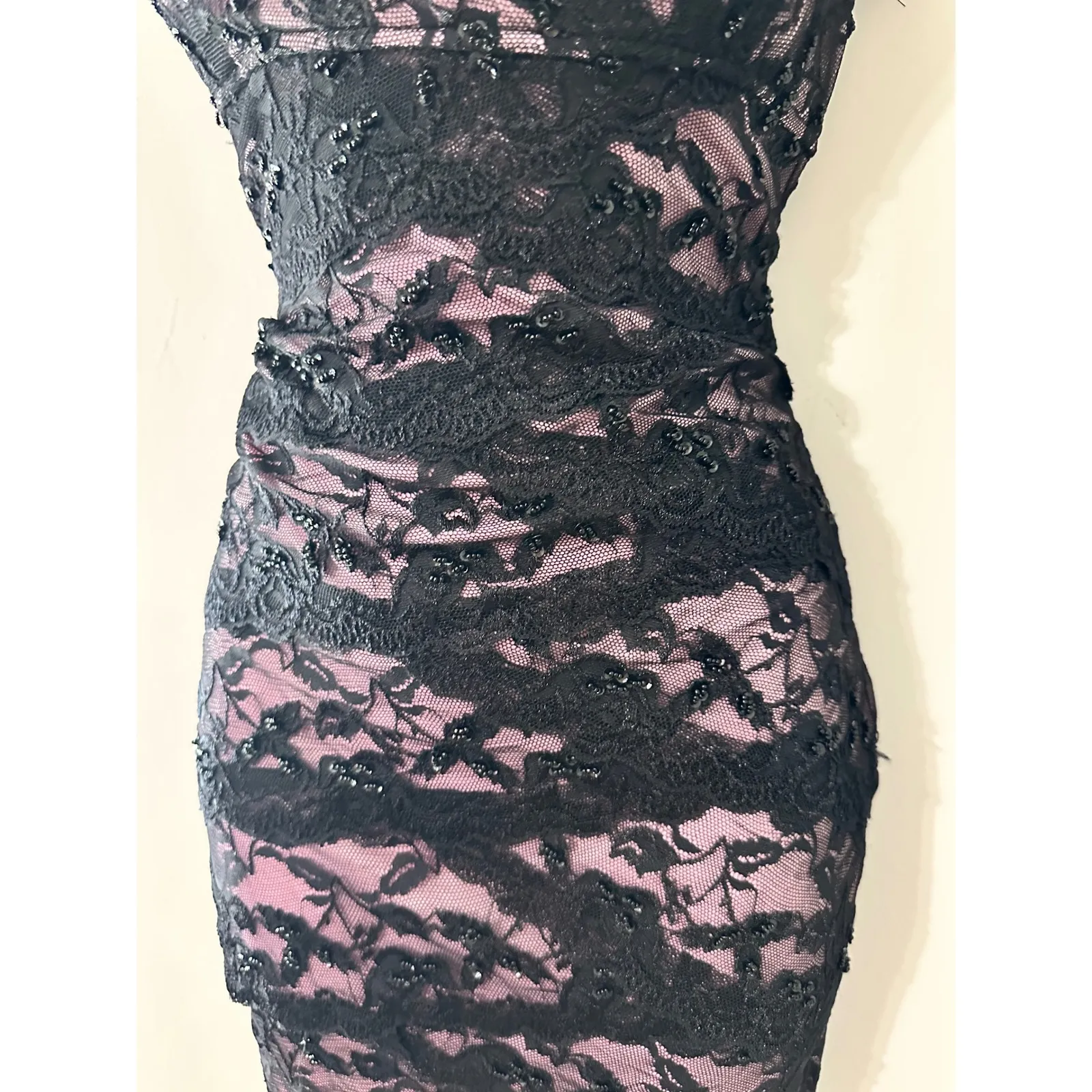 Marina Black Lace Overlay Pink Underlay V Neck Cocktail Dress Size 10 - Image 2