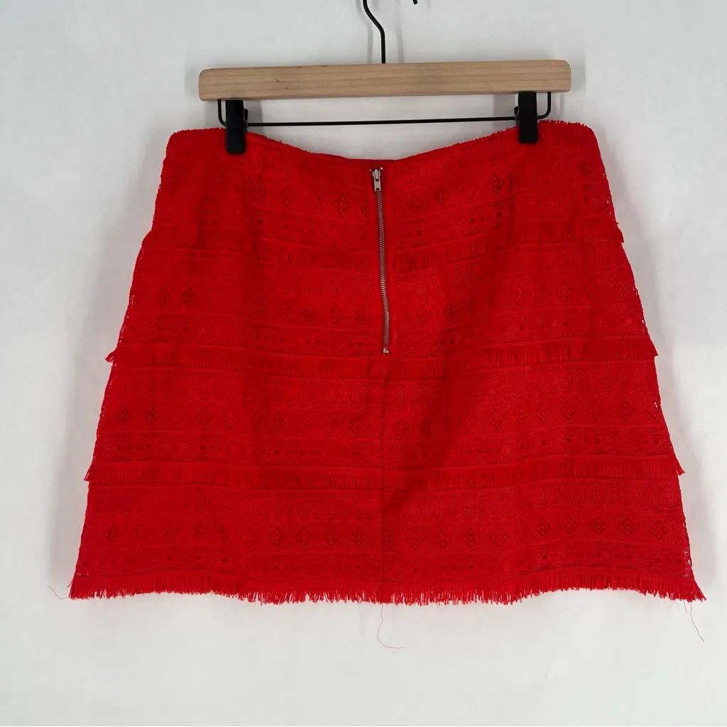 J. Crew‎ Factory Red Fringe Lace Mini Skirt Exposed Zipper Size 12 - Image 8