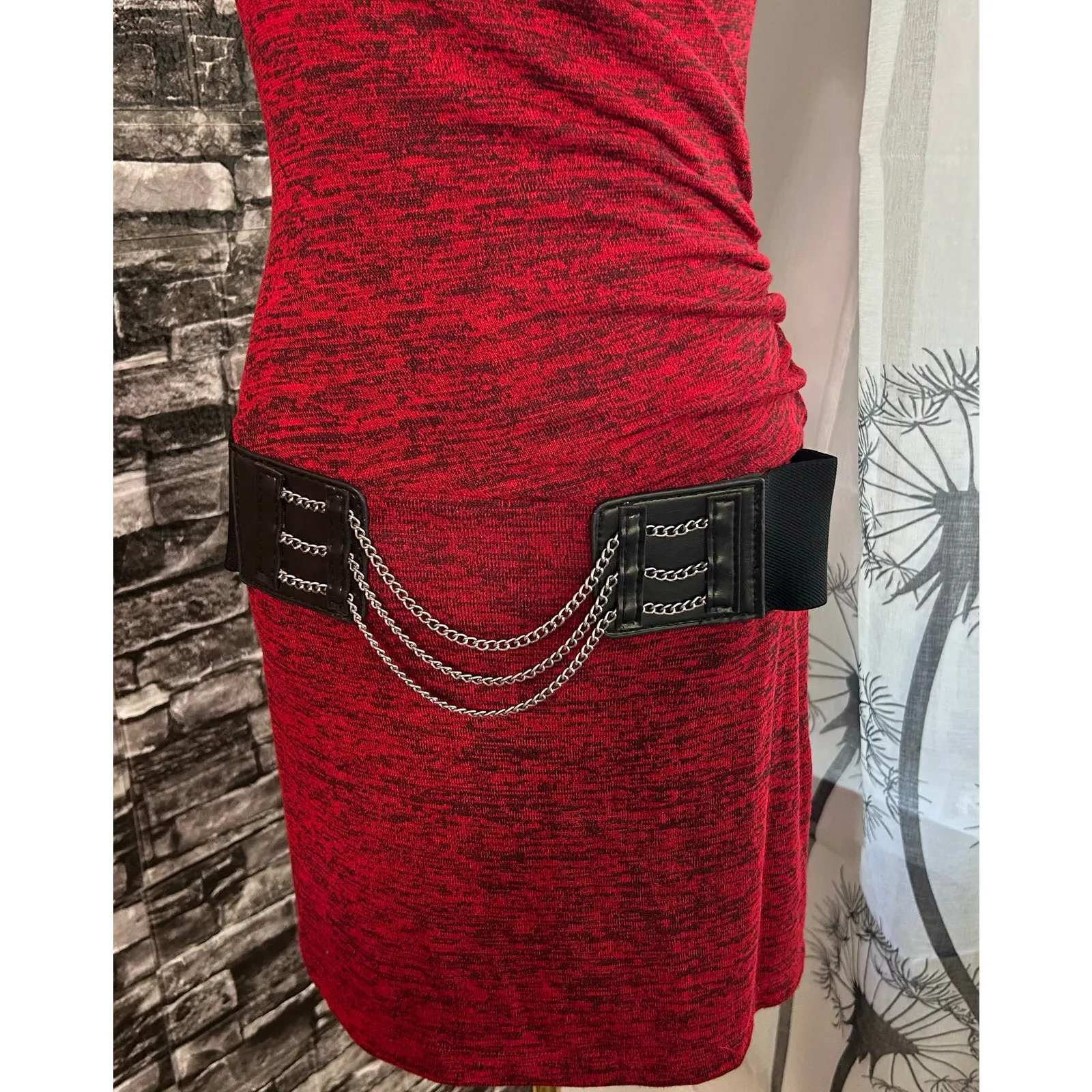 Body Central Dress Red/Black Sz M Vtg Belt w/ Chains Emo Goth Glam Bodycon Punk - Image 4
