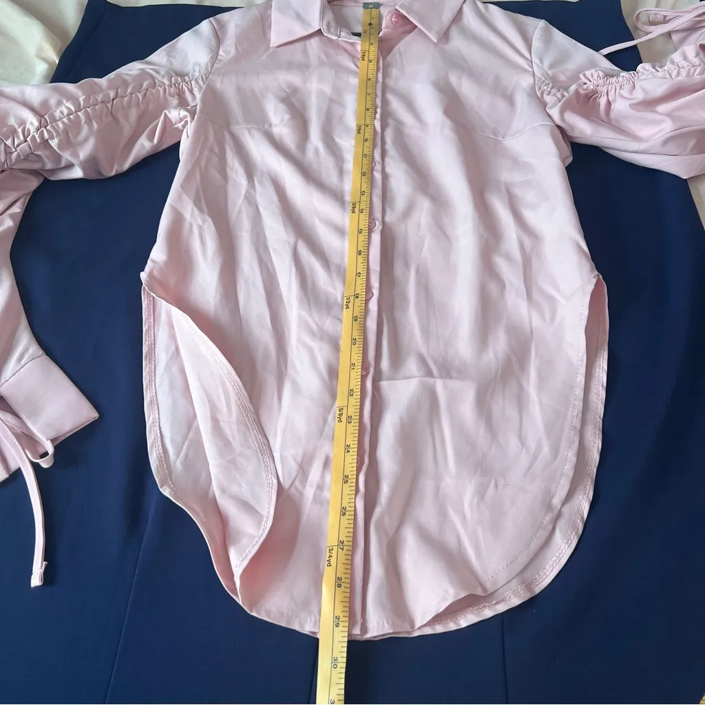 Emory Rose Pink Ruched Sleeve Women Long Line Button Front Top Side Slits Size M Size M - Image 12