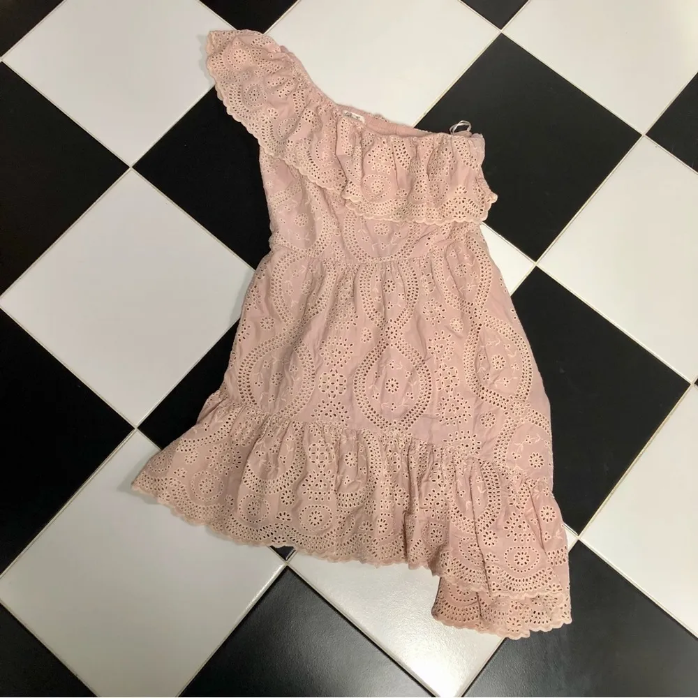 LoveShackFancy Pamela One Shoulder Asymmetric Midi Dress Eyelet Lace Blush Pink - Image 5