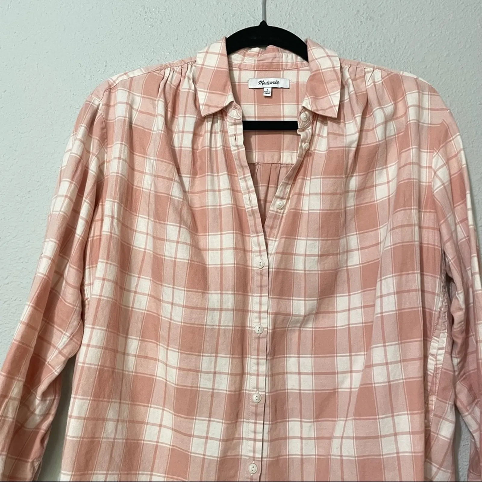 Madewell Pink Plaid Ruched Shoulder Button Down Shirt Womens S Fall Flannel Top - Image 9