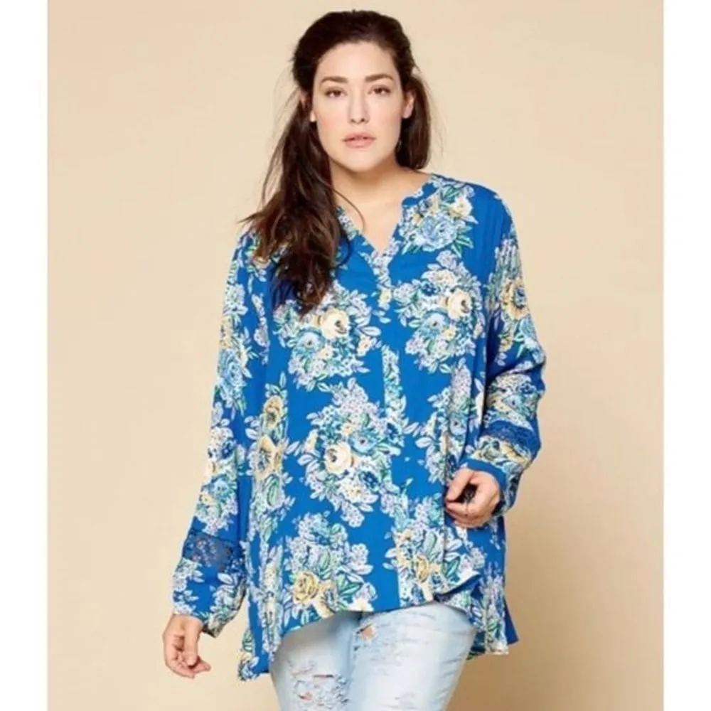 NEW ODDY blue floral crochet button front flowy tunic top sz 3X boho cottage lac - Image 4
