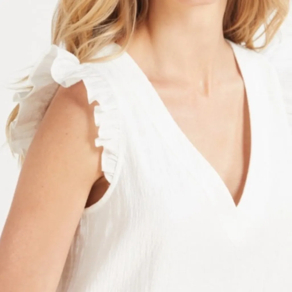 Evereve BB Dakota White V-Neck Ruffle-Sleeve Shift Dress W1870 Sz M - Image 4