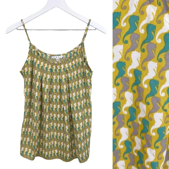 CAbi 411 Seahorse Novelty Print Pleated Camisole Tank Top Size Small Yellow Teal - Image 2