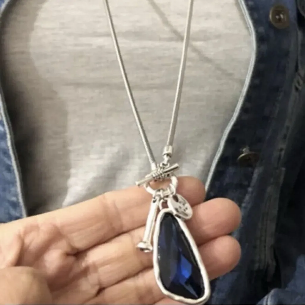 Silver 36" Long Faced Cristal Sweater Necklace Blue Womens Jewelry - Image 8