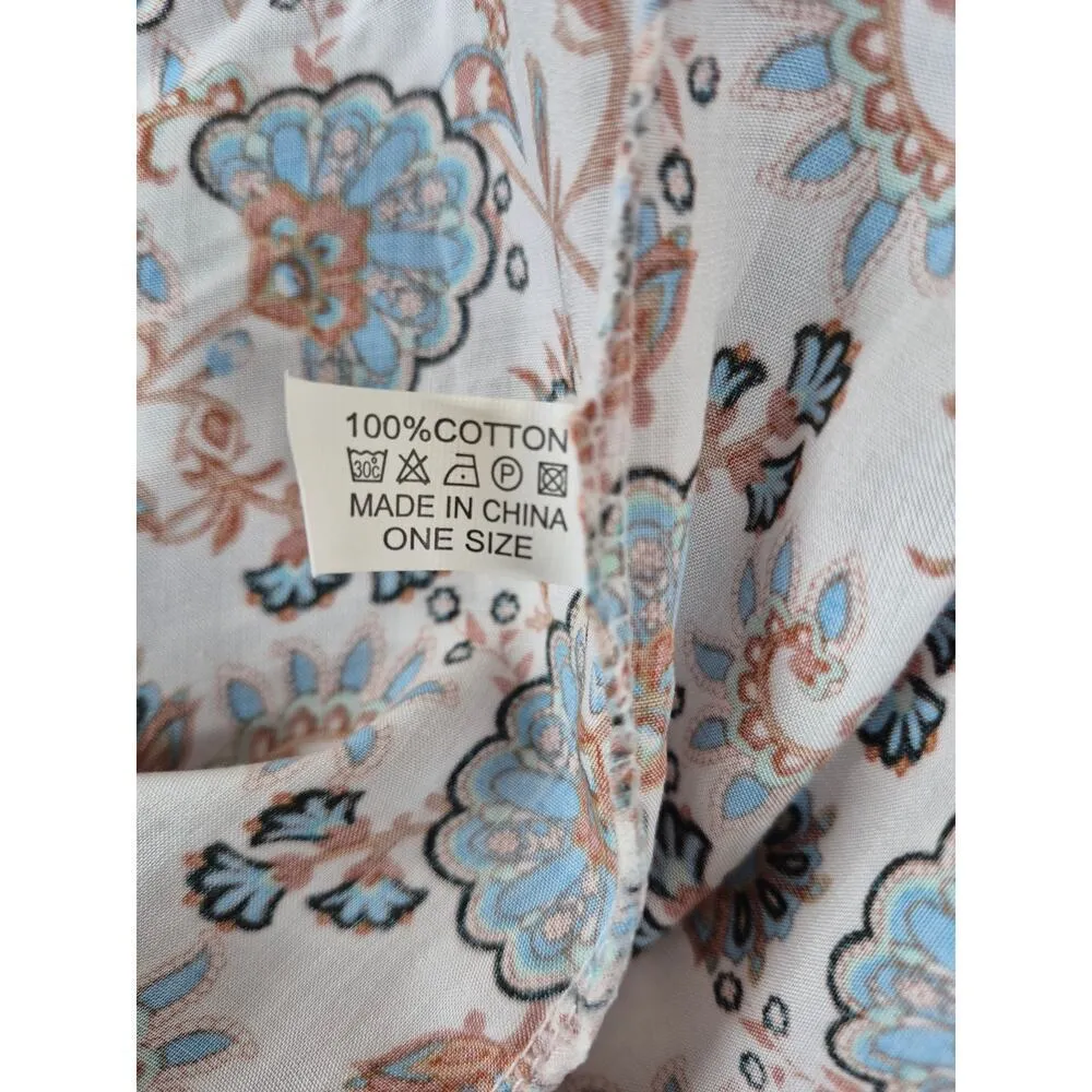 Kimono Style lightweight Floral Border Print BoHo coat full length Cotton O/S White Size undefined - Image 7