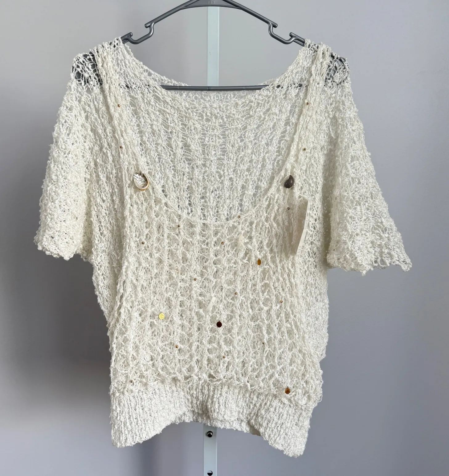 Pop Killer Los Angeles Crochet Knit Top Women's Ivory Beads Sea Shells sz S NWT White - Image 1