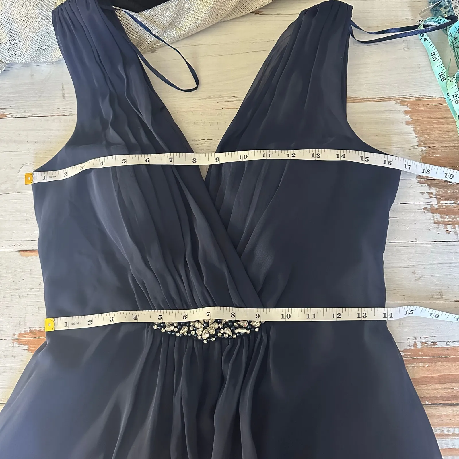 Eliza J Crystal Detail High-Low Party Formal Gown Size US 4 Navy - Image 9