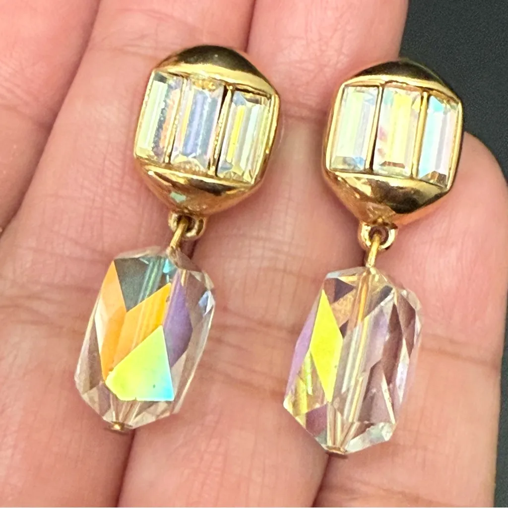 Vintage SWAROVSKI Swan Signed Gold-tone Aurora Borealis AB Crystal Drop Earrings - Image 7