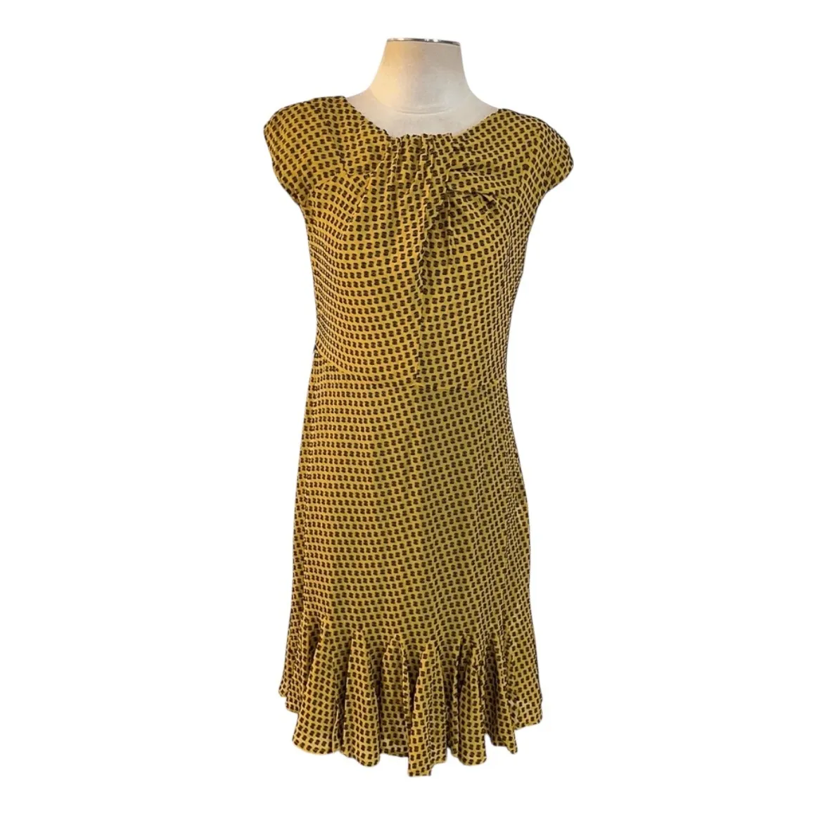Eva Franco Dress Size 4 Yellow Black Print Ruffle‎ Hem Cap Sleeve Career - Image 2