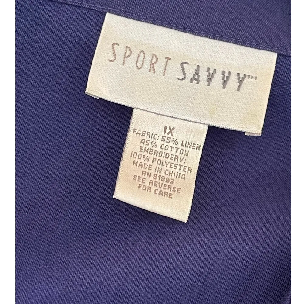 Sport Savvy Short Sleeve Floral Embroidered Camp Shirt Navy Blue Size 1X - Image 5