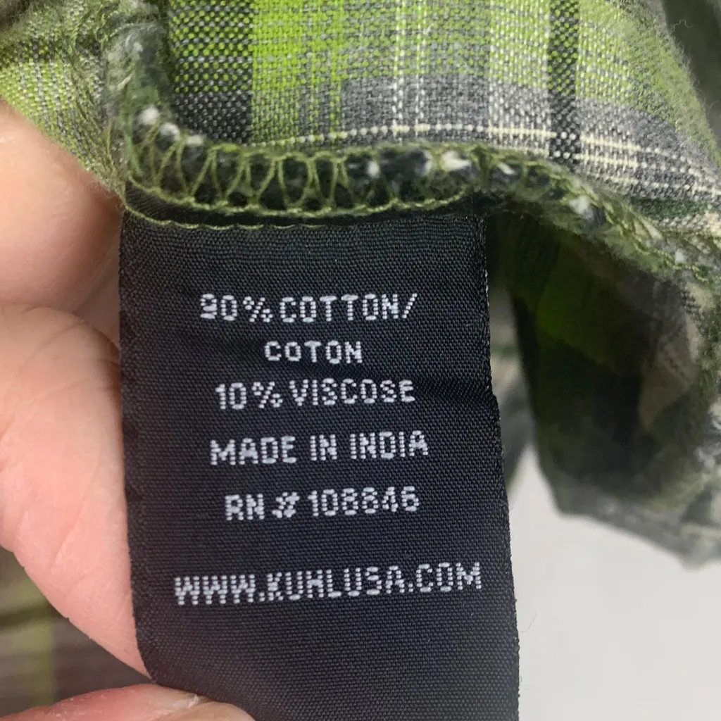 KÜHL size large women's long sleeve Green Plaid Shirt pearl snap button down - Image 8