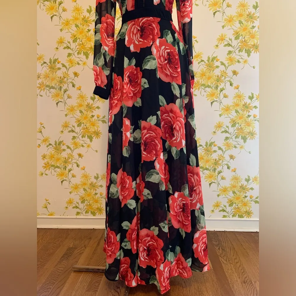 Red Flower Print Floor Length Dress Black Size M - Image 9