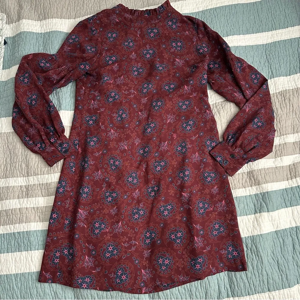 Derek Lam Mock Neck Shift Dress 40 Floral Crepe Maroon 6 - Image 3