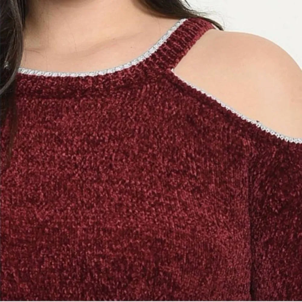 Zenobia Cold Shoulder Chenille Sweater Burgundy - Image 3