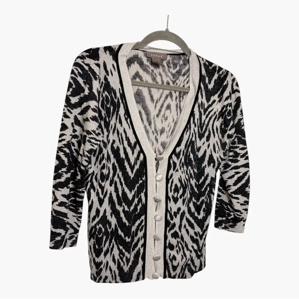 Kenar Black & Ivory Abstract Zebra Animal Print Shimmer Cardigan Silk Blend L - Image 2