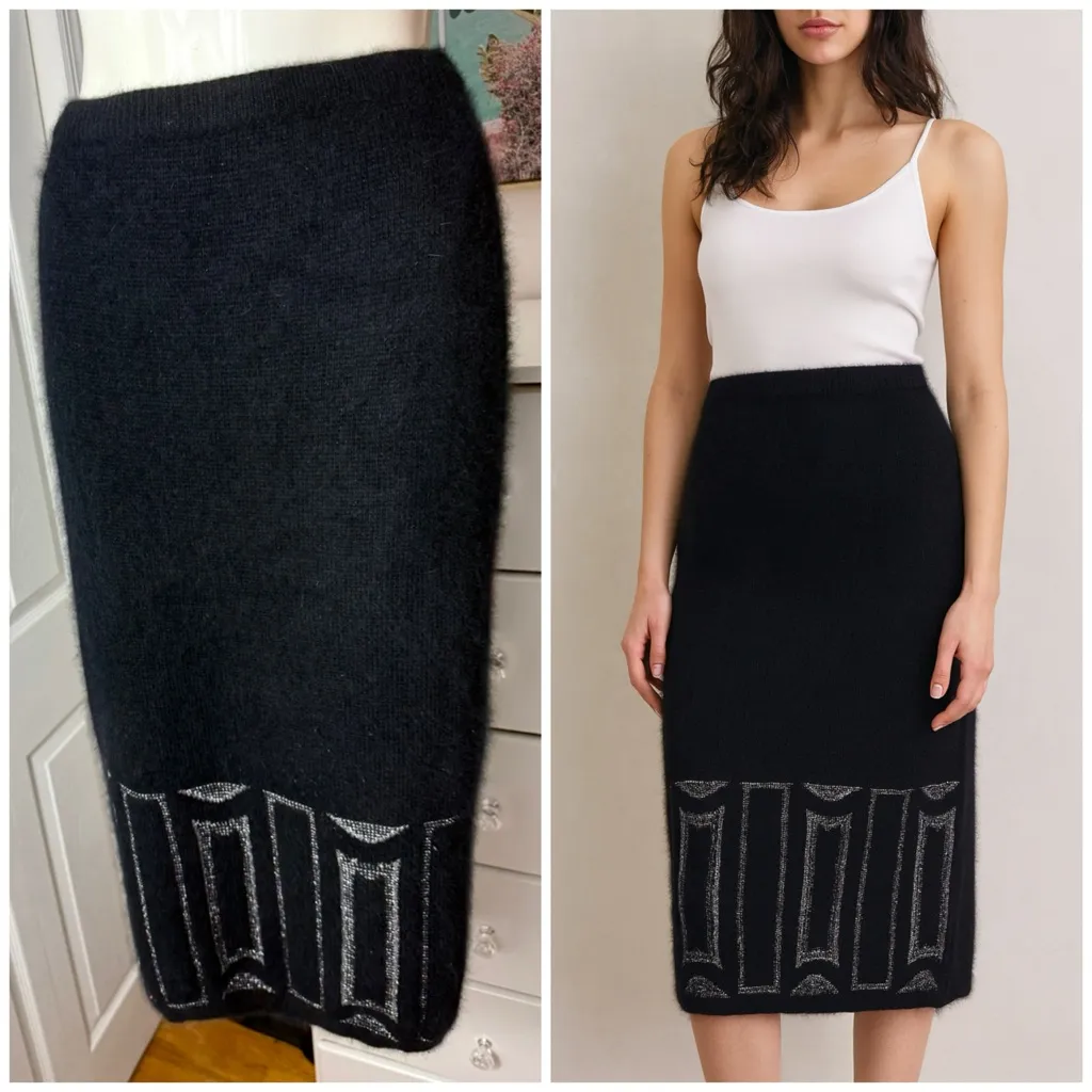 EREZ Black Silver Angora Rabbit Fur Lambswool Knit Midi Skirt Size Medium - Image 2