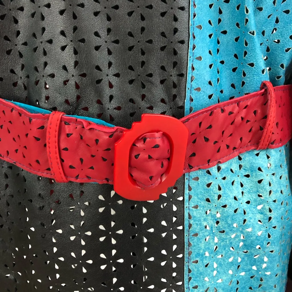 Vintage Grownbeans Red & Blue Leather & Suede Jacket with Asymmetrical Patchwork Size L - Image 9