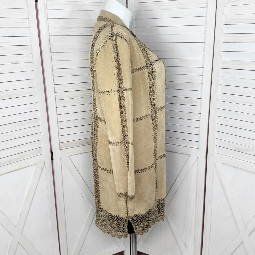 Vintage Hudson Place Suede Crochet Patchwork Duster Jacket Tan XL Western Boho‎ - Image 3