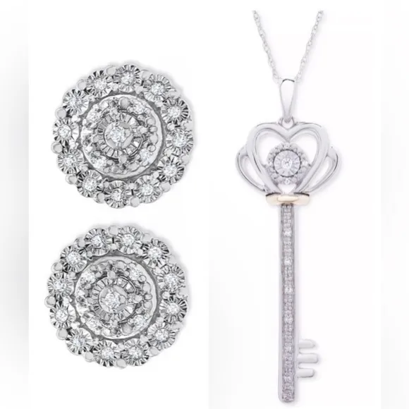 R H Macy 925 sterling 10k gold, diamond heart key pendant & diamond earrings set - Image 5