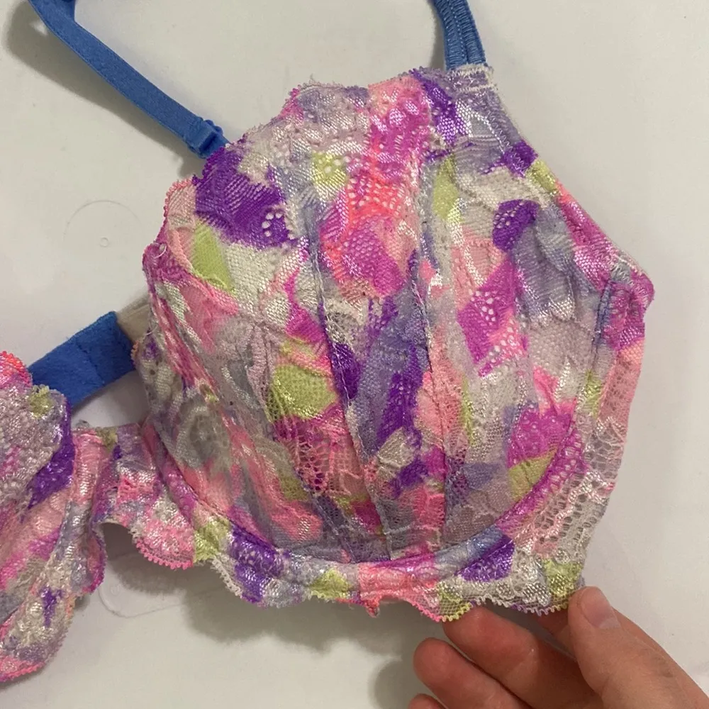 Pink Victoria’s Secret colorful lightly lined denim lace bra size 36B - Image 4