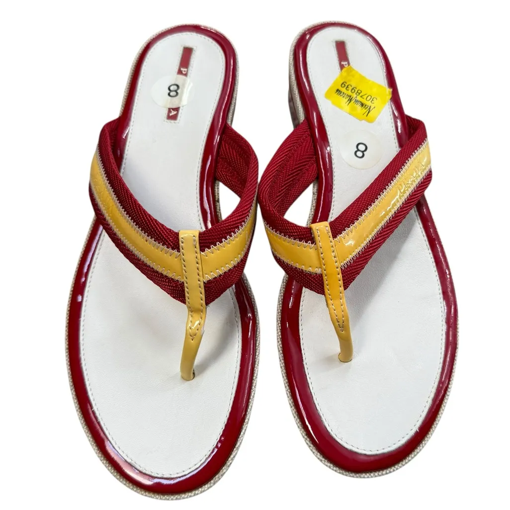 Prada Women’s 8 Chunk Heel Flip Flip Sandal Red Yellow Stripe Coastal Preppy NWT - Image 3