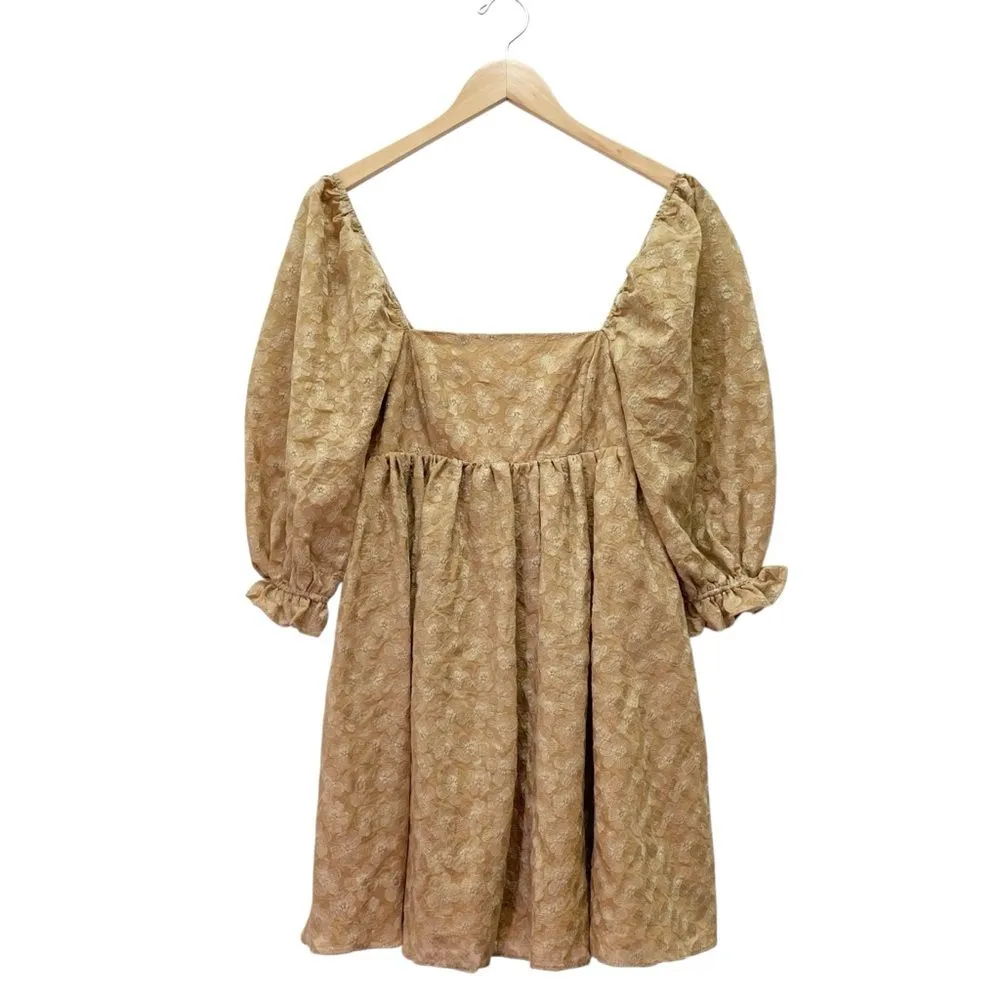 Storia Puff Sleeve Mini Babydoll Dress Tan Floral Textured Square Neck Sz Small - Image 2