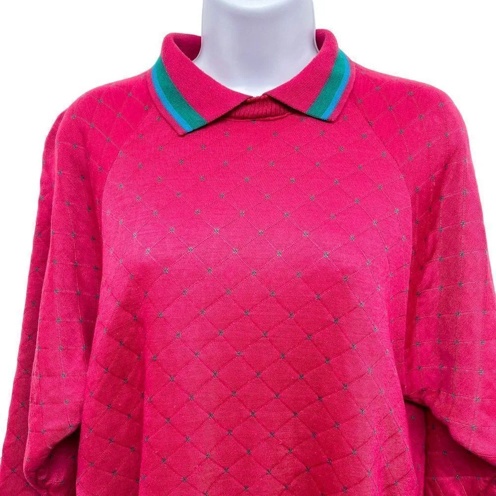 Vintage 80's 90's Argyle Quilted Layered Polo Collar Sweatshirt Pullover Retro Pink Size M - Image 3