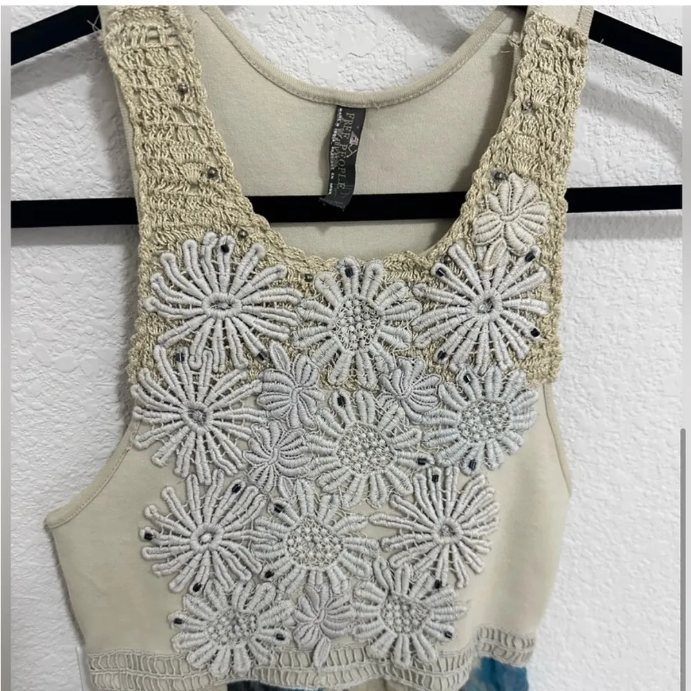 Free People Dreamy Blue Floral Patchwork Dress Cream Appliqué Beaded Bodice XS - Image 5