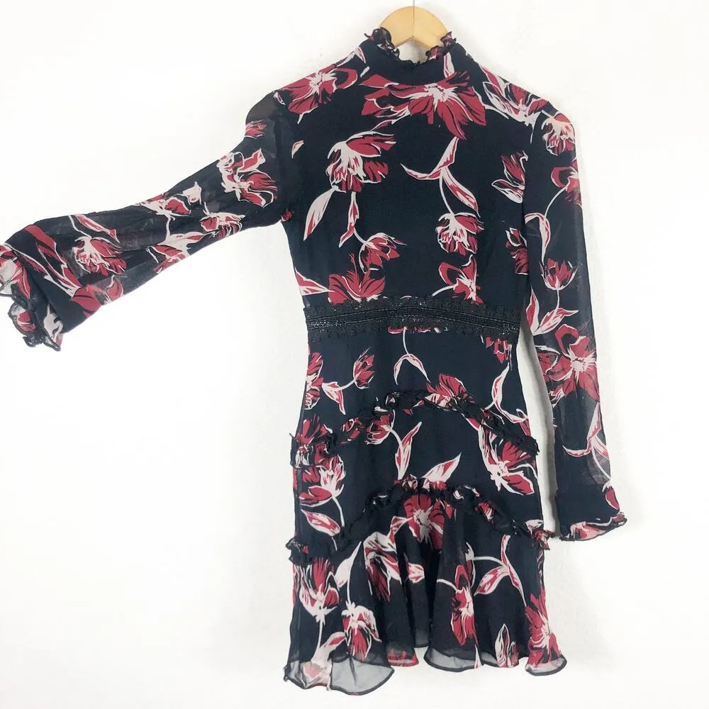Nicholas French Floral Mini Dress Size 2 Silk Long Sleeve Ruffle Aline High Neck - Image 13
