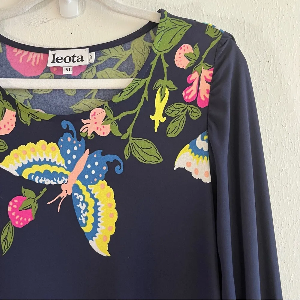 Leota Dress Navy Blue w/ Floral Pattern & Butterfly Long Sleeve Shift Sz XL EUC - Image 4