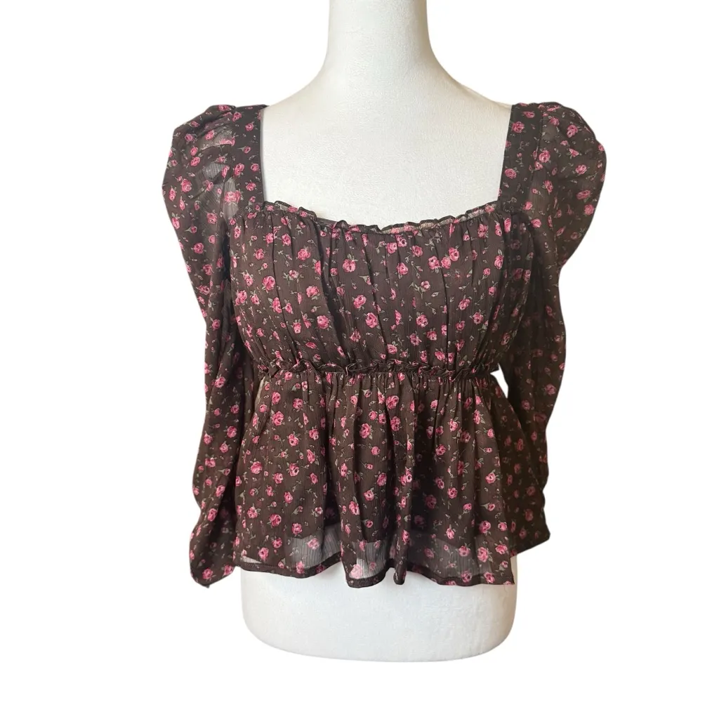 ASTR the Label Floral Print Smocked Babydoll Top Brown Pink Ditsy Med Milkmaid - Image 7