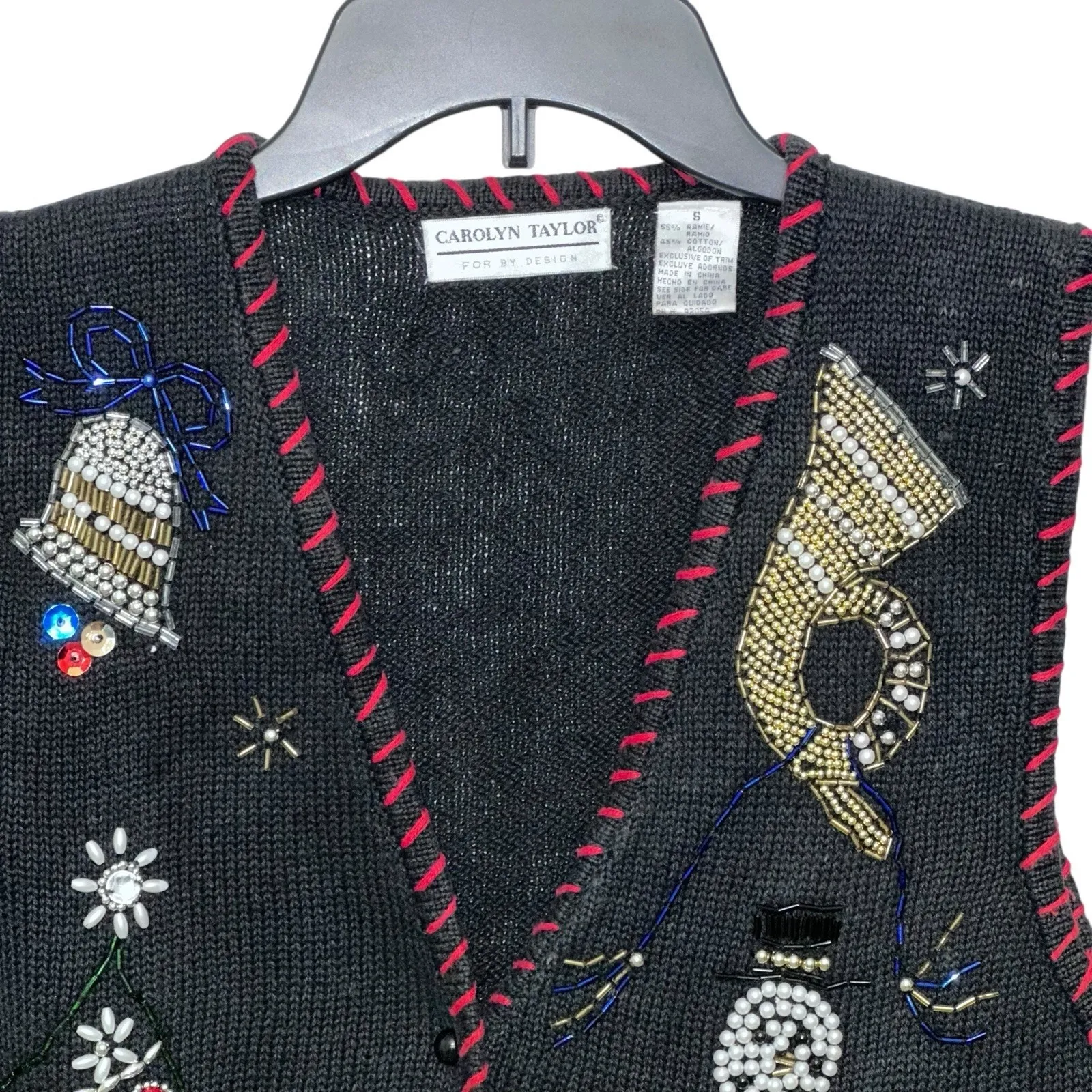 Vintage‎ Carolyn Taylor Holiday embroidered crochet Small Cardigan Sweater Vest - Image 2