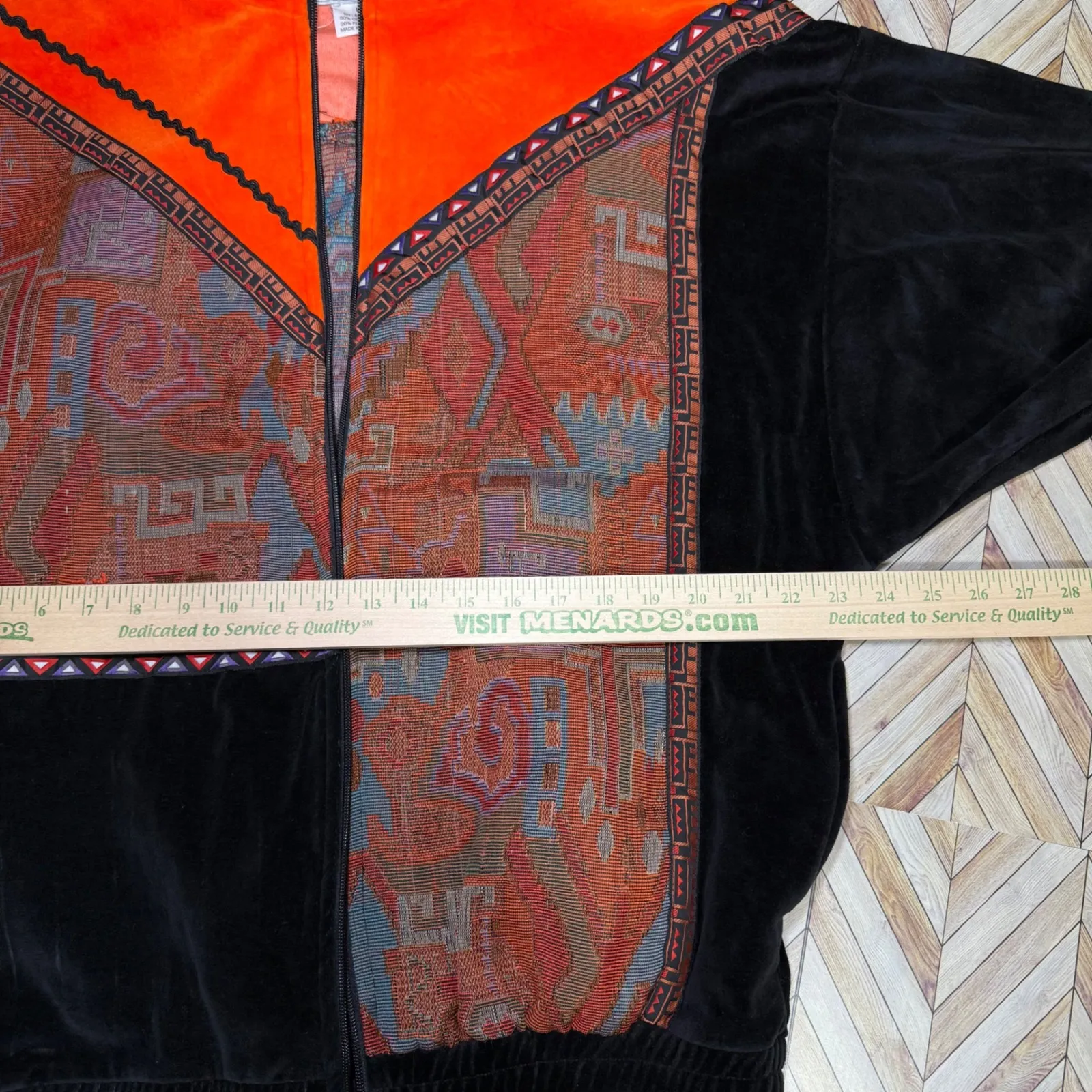 VTG Oleg Cassini Womens Jacket L Orange Black Velour Tapestry 80s Artsy Full Zip Size L - Image 8