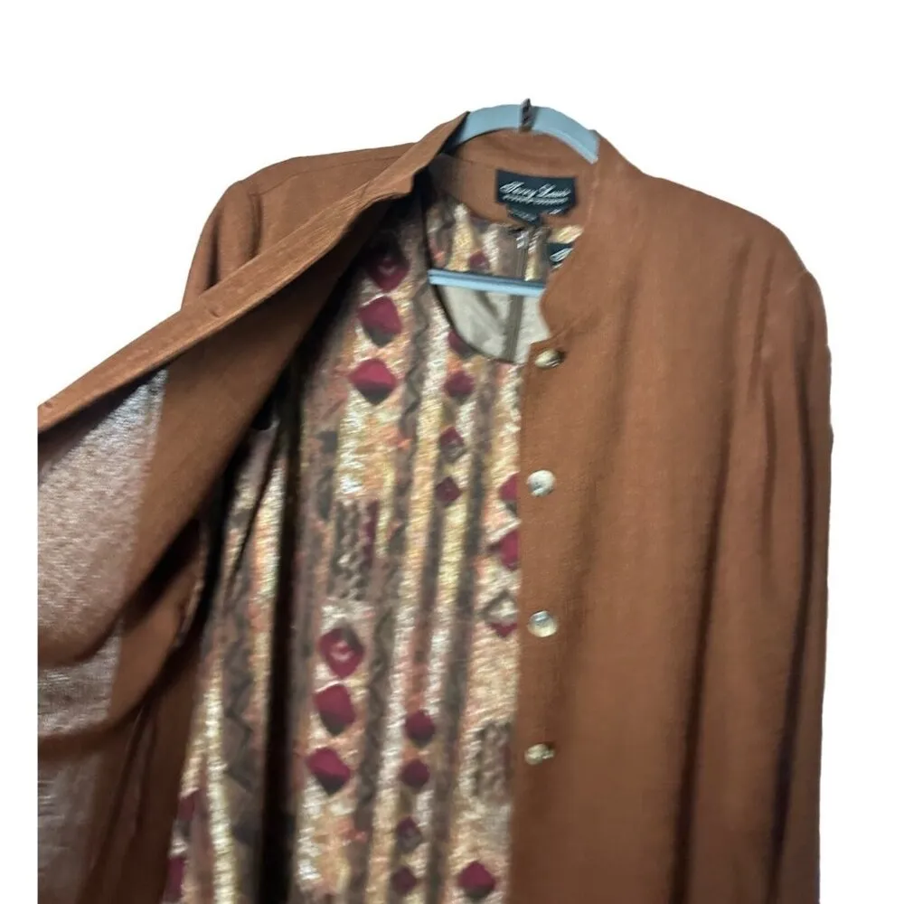 Terry Lewis Vintage 2-Piece Set M | Rust Long Coat  Tribal Print Dress - Image 8