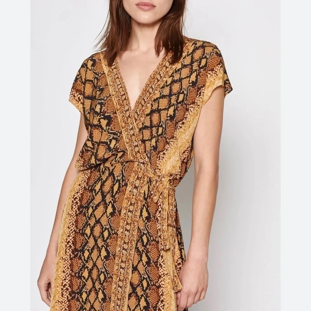 Joie Bethwyn Snakeskin‎ Print Wrap Mini Dress in Fading Sun Brown, Size Small - Image 7